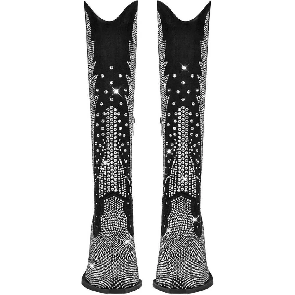 Women Polyurethane Black Knee High Pointed Toe Chunky Heel Rhinestone Boot